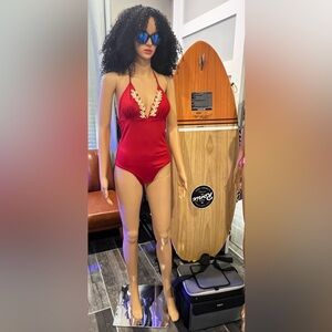 red swimsuit, with pearl embroidery on the neckline and with tummy control